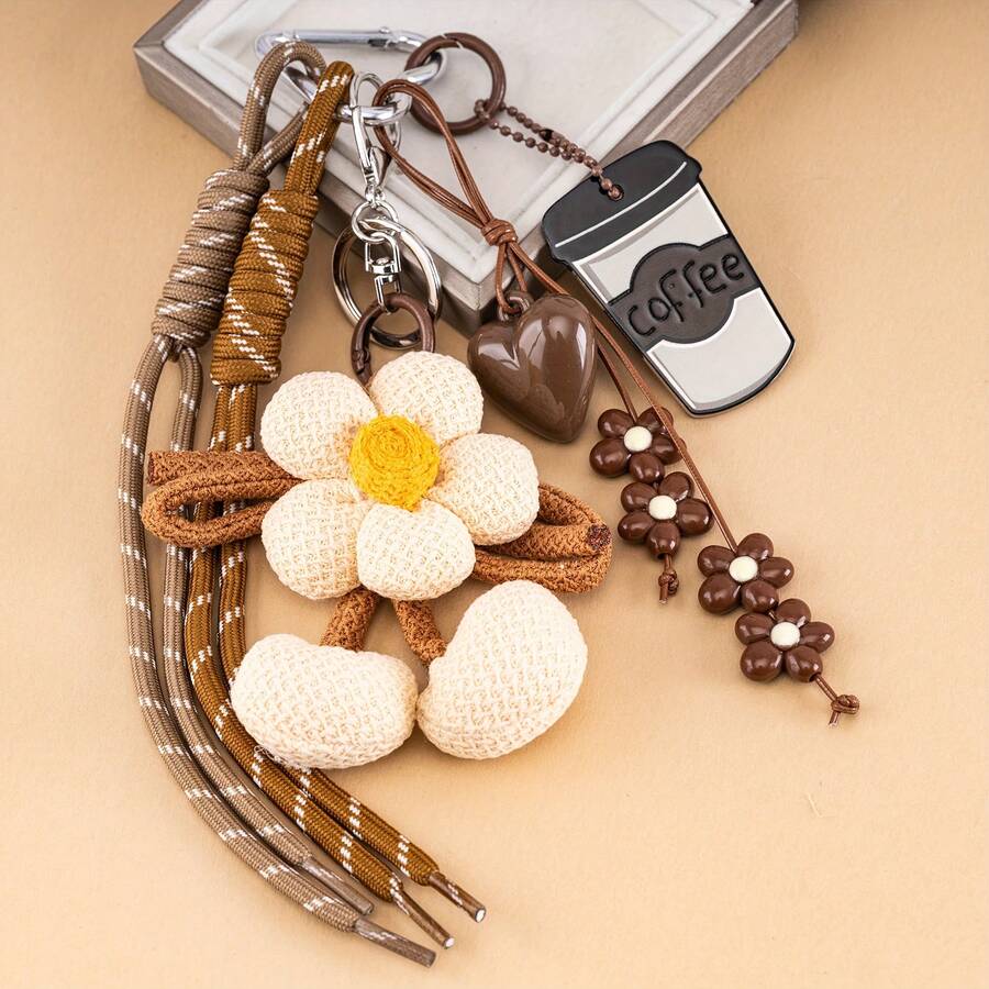 2件套豪华钥匙扣，耐用艺术钥匙扣，咖啡杯和花朵图案（优雅设计），以及熊和苹果图案，时尚手提包配饰，可挂在手提包和车钥匙上，独特的高端礼品配饰。