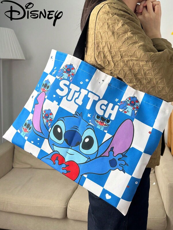 Disney 2025 Disney Cartoon Segeltuch Tragetasche, modisch bedruckter Schultertasche, lässige große horizontale Handtasche, Stitch Muster Einkaufstasche
