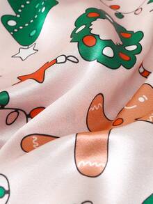 2pcs Satin Pajama Set, Christmas Tree & Gingerbread Man Print Short Sleeve Lapel Top And Bow Shorts, Women Sleepwear & Loungewear Suitable For Christmas - Màu be - Xem 8