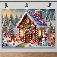 2D Charming Gingerbread House Christmas Photography Backdrop - Includes Candy Canes, Snowman And Lollipops - Suitable For Holiday Shooting And Holiday Decoration, Best Choice For Christmas