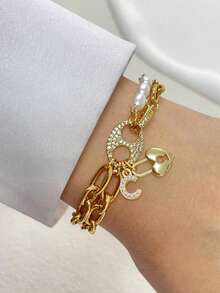 1件 STYLEVER 金色全水钻双孔吊坠字母手链，A-Z 字母链，不锈钢链，适合庆典和日常佩戴 - 金黃色 - 查看 4