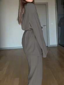 Women's Fashion Drawstring Waist Long Sleeve Cardigan Shirt & Wide Leg Pants Set, Solid Color Casual Summer Outfit - Grey - View 3