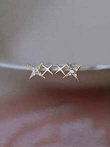 1 Pair Double Star Earrings - 18K Gold Plated Cubic Zirconia Studs, Elegant Proposal & Engagement Gift For Women, Luxury Everyday Jewelry - Vàng - Xem 6