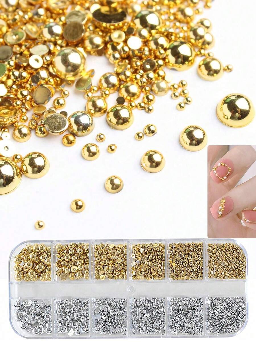 12 Grids Half Round Gold+Silver Pearls Nail Charms Metallic Flat-Back Beads Ball Mixed Size Nail Pearls DIY Nail Gems Nail Supplies - vàng và bạc - Xem 1