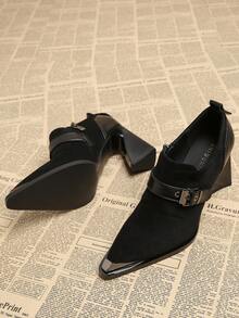 2025秋季新款优质热销女士优雅黑鞋粗跟复古欧美风尖头百搭高跟鞋秋冬时尚女鞋 - 黑色 - 查看 4