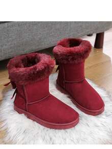 Damskie śniegowce w jednolitym kolorze z kokardką, z podszewką termiczną, ciepłe, krótkie śniegowce, modne, płaskie, miękkie, zimowe buty z puszystą podszewką, antypoślizgowe, wygodne, śniegowce w kolorze czerwonego wina, niebieskiego, czarnego, z futrzanymi butami - Burgund - Zobacz 8