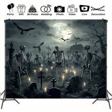 Telón de fondo plano 2D de cementerio de terror, esqueleto de luna llena de tela de poliéster, accesorio fotográfico reutilizable, adecuado para Halloween, bodas, cumpleaños, aniversarios, bar/bat , decoración del hogar multiusos