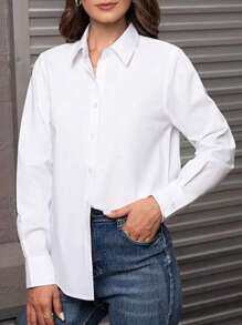 大码纯色前扣休闲长袖衬衫 - 白色 - 查看 4