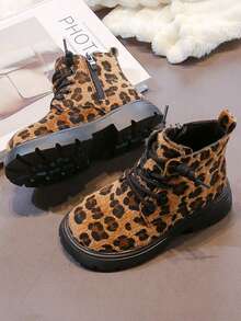 2026 New Leopard Print Faux Fur Ankle Boots For Kids, Unisex Non-Slip Rubber Sole, School Party Winter Casual Versatile Kids Shoes - Brown - View 5