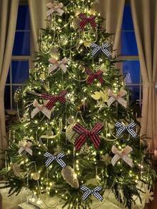 60 件迷你圣诞丝带蝴蝶结，白色、亚麻色和格子丝带蝴蝶结，冬季家居装饰，圣诞装饰，红色和黑色格子，农舍风格蝴蝶结装饰，派对用品，适用于冬季装饰、家居、墙壁和树木装饰，圣诞装饰 - 彩色 - 查看 5