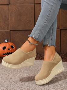 Sapatos retrô de plataforma com sola grossa em corda de linho, casuais, elegantes, com zíper traseiro, estilo slip-on, versáteis e modernos. - Caqui - Ver 6