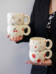 1pc Ins Style Hand-Painted Cherry & Strawberry Ceramic Cup, Asymmetrical Embossed Body, Breakfast Coffee Mug, Girly Desktop Water Cup, Party Afternoon Tea Cup, Red Tea Cup, Large Capacity Water Mug, Coffee Cup - Multicolor - View 4