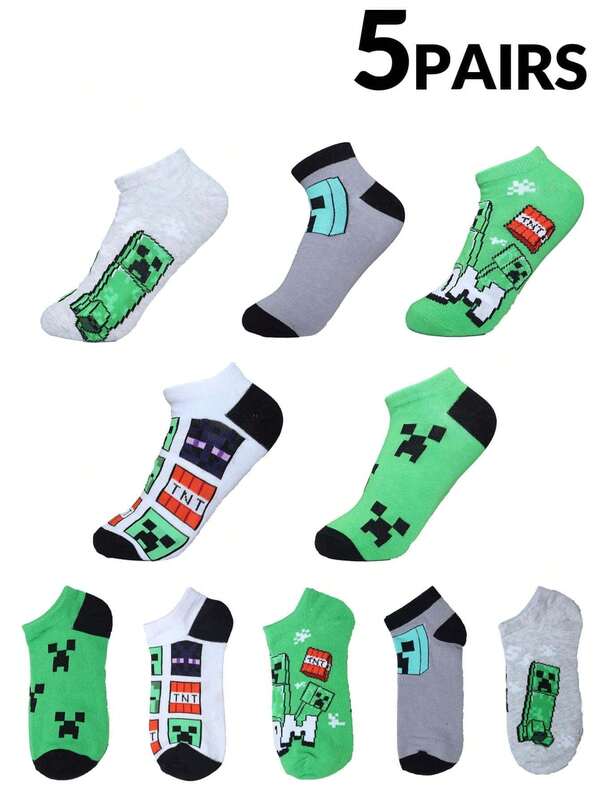  5/1 Pair Minecraft Men's Ankle Socks – Socks For Teen Boys With Sandbox Elements, Featuring Designs Of Skeleton, Villager, TNT, Creeper And Spider; Suitable For Birthday Gifting, Party Celebrations, Sports And Daily Wear