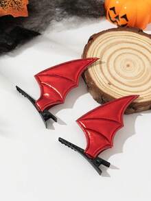 2pcs/Set Halloween Bat Wing Hair Clips, Elegant Street Style Polyester Hair Clips, Suitable For Halloween And Daily Wear, Claw Clips, Hair Claws, Hair Slide, Hair Barrettes - Red - View 2
