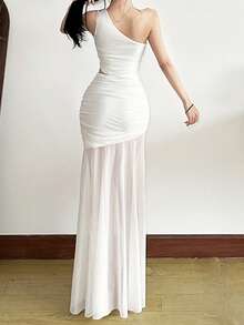 Top Dazzle 纯色修身时尚单肩不对称无袖连衣裙 - 白色 - 查看 5