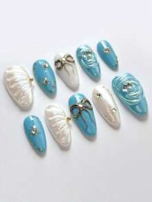 10 件浅蓝色手工按压指甲，杏仁形手工假指甲，3D 贝壳，蝴蝶结，太阳装饰，适合女孩和女士日常使用，节日指甲装饰，含果冻胶和指甲锉 美甲用品 - 淺藍色 - 查看 3