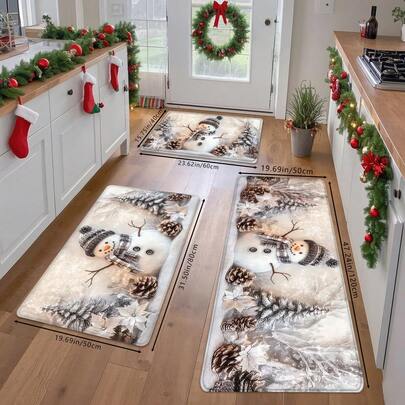 1pc Christmas Winter Theme Snowman & Pine Tree Print Holiday Doormat, Soft Non-Slip Absorbent Washable Kitchen Mat, Festive Cozy Entryway Rug, Rectangular Low Pile Holiday Home Decor Mat For Living Room, Bedroom, Kitchen, Laundry Room, Bathroom