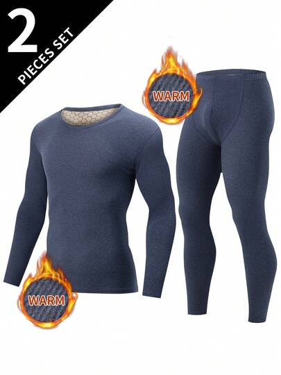 2pcs Men's Thermal Underwear Set, Crew Neck Top + Pants, Autumn/Winter