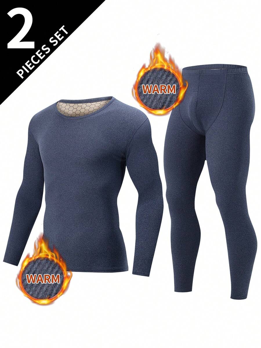 2pcs Men's Thermal Underwear Set, Crew Neck Top + Pants, Autumn/Winter
