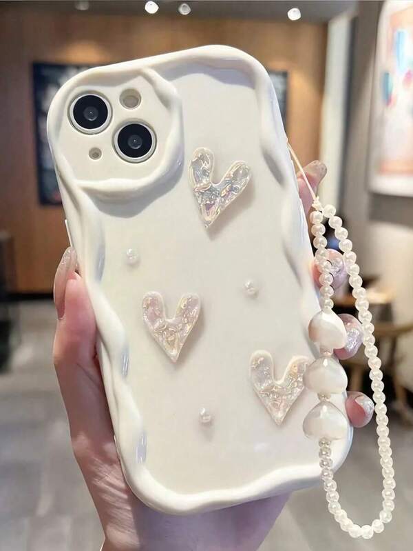 1 stuk schattige crèmekleurige textuur 3D hartparel volledige dekking telefoonhoesje, compatibel met iPhone 16/16 Pro/16 Plus/16 Pro Max/15/14/13/12/11, minimalistische high-end airbaghoes, schokbestendige en valbestendige volledige telefoonbeschermhoes