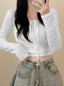 2026春秋新款系带休闲女式纹理长袖纽扣开衫 - 白色 - 查看 4