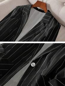 Blazer décontracté rayé à un bouton et manches 3/4 pour femmes, printemps/été - Noir - Voir 6