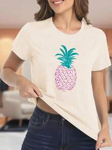 1PC, Women'S Pink T-Shirt With Pineapple Graphic - Soft Blend, Short Sleeve, Round Neck, Casual Summer Top, Perfect For Beach Or Vacation Outfits, Casual Summer Top |   Pineapple Graphic Tee |   Blend FabricS-XXL - 杏色 - 查看 2