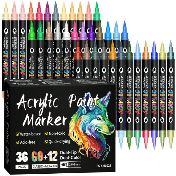 24/48/72 Farben Acrylfarben Stifte Set 12/24/36 Packungen Dual Spitze Acrylfarben Marker mit feiner Spitze und Pinselspitze für Felsen Malerei Leinwand Stoff Stein Holz Felsen Glas Papier Kunststoff DIY Basteln Schule Kunstbedarf Schulanfang