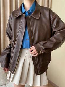 Chic Halloween Vintage Faux Leather Jacket Women Brown Cropped Collar Retro Fall Daily Outerwear - Brown - View 4