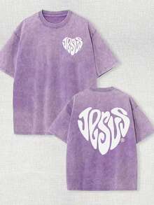 230g Double-Sided Washed, Jesus' Love Printed T-Shirt, High-Quality Wax Printed Cotton Retro Fashion Brand T-Shirt, Beach Essential, Men's Summer T-Shirt, Holiday Gift, Perfect Gift - 紫色 - 查看 1