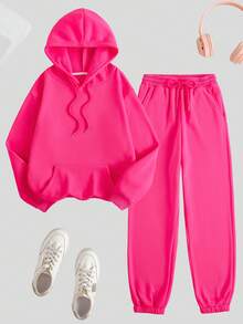 Autumn And Winter Plush Women's Two Pieces Sports Jogging Suit, Loose Casual Round Neck Sweatshirt, Plush Jogging Sweatpants, Sports Outdoor/Women's Sportswear/Women's Sports Suit, This Is A Winter Plush Women's Sweatshirt Suit,Fleece - Hot Pink - View 3