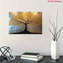 1pc, Modern Abstract Gold Tree Canvas Wall Art, Textured Golden Leaf Painting For Living Room, Elegant Nature Inspired Framed Artwork For Bedroom & Office Decor, Contemporary Silver Background Home Decoration - Nhiều màu - Xem 3