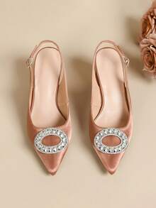 Women's High Heel Rhinestone Buckle Fashionable Versatile Commuter Shoes, Toe-Covering Design - Dusty Pink - View 5