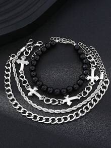 HOTNICE 4pcs Set Punk Chic Cross Beaded Bracelet For Men, Accessory For Dating, Vacation, Daily Outfit, Unisex - Gold - View 3