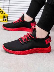 1 Pair Men's Sports Shoes, Breathable Casual Shoes, Competition Shoes, Fashionable Casual Running Shoes (Random/Asymmetrical Pattern On Shoe Upper/Heel/Side Strap) - Black and Red - View 3