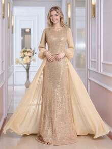 Suknia wieczorowa z cekinami, patchworkowa, zapinana na zamek błyskawiczny, modna elegancka sukienka damska z długim rękawem, odpowiednia na imprezy, koncerty, oficjalne stroje dla gości weselnych