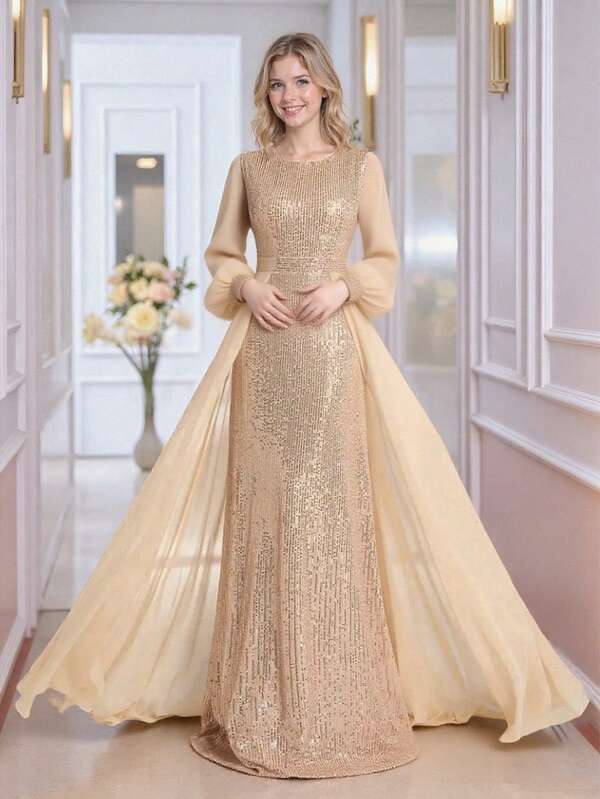 Pailletten-Patchwork-Reißverschluss Formelles romantisches Abendkleid, modisches elegantes Damen-Langarmkleid, geeignet für Partys, Konzerte, Hochzeitsgäste Festgarderobe