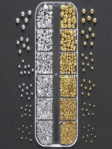12 Grids Half Round Gold+Silver Pearls Nail Charms Metallic Flat-Back Beads Ball Mixed Size Nail Pearls DIY Nail Gems Nail Supplies - vàng và bạc - Xem 4