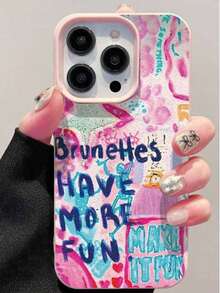 Funda para teléfono Apple, 1 unidad, diseño de letras, casa, silueta, estampado de grafiti, funda de gel suave y brillante, compatible con phone 11/12/13/14/15/16 (1 unidad) - Rosa - Ver 1