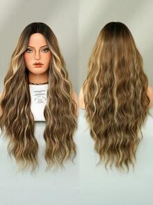 24 Inch Long Wavy Ombre Golden Brown Wig For Women Heat Resistant Fiber Middle Part Hairpiece Dark Roots,Natural Synthetic Full Machine Hair Wigs For Daily Music Festival Party Wear, Cosplay Halloween & Street Photography Use - 漸層棕色 - 查看 6