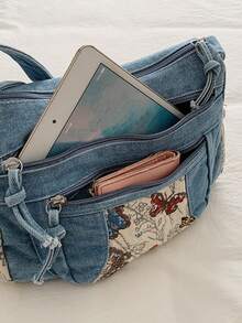新款休闲时尚柔软牛仔布多层斜挎包，多口袋设计，多功能通勤大容量女士单肩包，适合工作通勤、购物和旅行，是牛仔女孩的完美之选。 - 藍色 - 查看 3