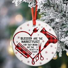 1 Piece Acrylic Hair Stylist Christmas Ornament - "Hair Stylist " Red Plaid Heart Design With Comb, Scissors, And Hair Dryer - Hair Stylist Holiday Tree Hanging Decoration, No Electricity Required