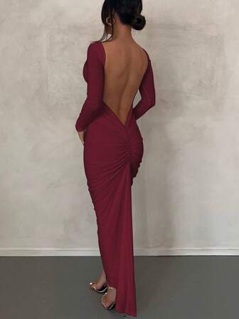 Women's Solid Color Backless Ruched Fitted Long Sleeve Sexy Elegant Party Holiday Vacation Spring Valentine's Day Dress