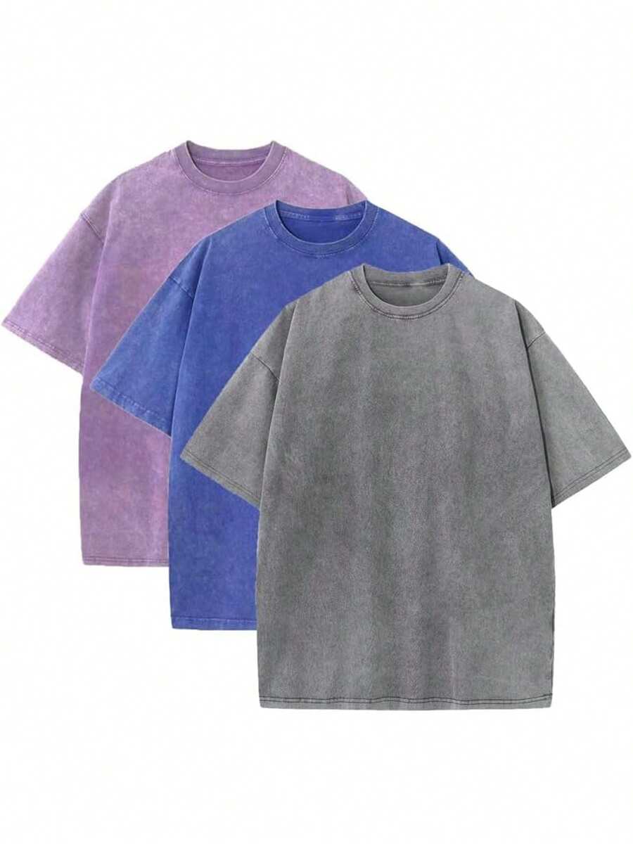 3 Pack Men's Vintage Washed Oversized Cotton T Shirts Loose Fit Short Sleeve Casual Streetwear Unisex Tops - Tím + Xanh + Xám - Xem 1
