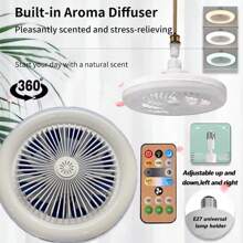 Ventilador de teto com controle remoto regulável de 30 W, base E27, ajuste silencioso de 3 velocidades, lâmpada LED, 85-265 V