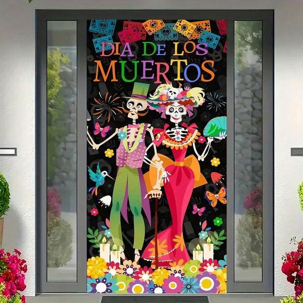 2D Door Sign, 1pc Life & Death Door Plaque - Vibrant Grim Reaper Couple Design, Polyester, No Power Needed, Great For Parties, Festivals And Mexican Holiday Decor, Mexican Style Door Cover