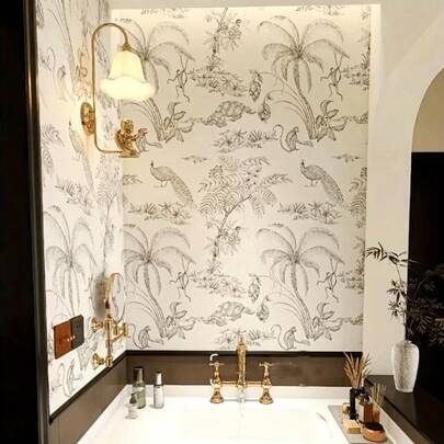 孔雀猴子图案自粘墙纸卷 - 防水，适用于浴室、走廊、卧室和客厅装饰