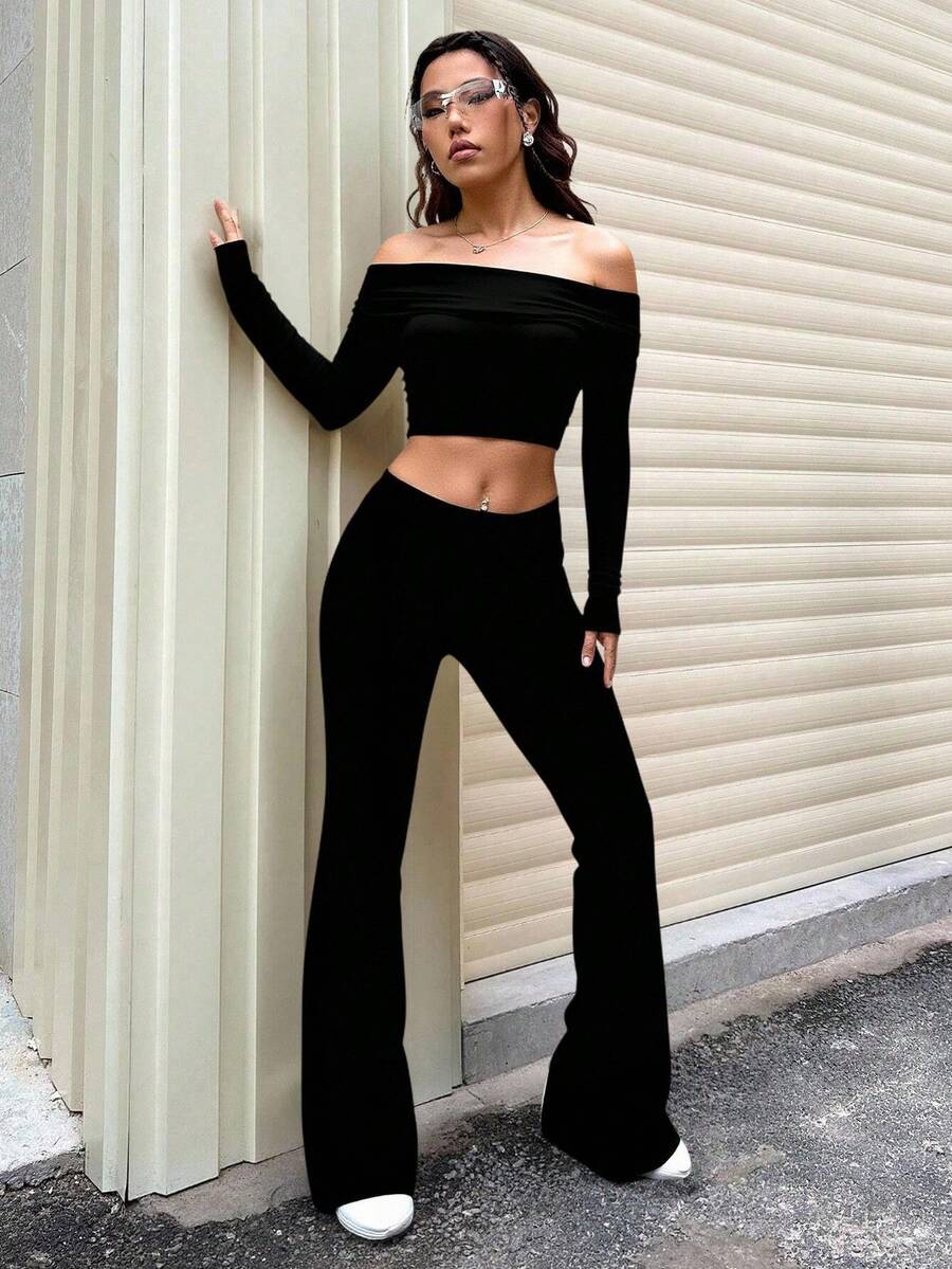 Conjunto de mujer de 2 piezas Top corto de manga larga con hombros descubiertos y pantalones,unicolor - Negro - Ver 1