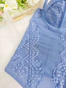 Lace Bustier Corset | Mesh Insert Spaghetti Straps Slim Fit Top - Màu xanh bụi bặm - Xem 7