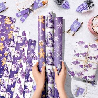 12 件紫色圣诞包装纸套装，带雪人和花卉图案 - 节日礼品包装，不含配件圣诞节圣诞装饰圣诞睡衣圣诞礼物圣诞装饰